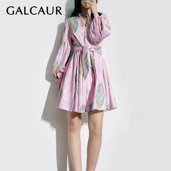 GALCAUR Kvetinový Tlač Colorblock Mini Šaty Ženské Oblečenie V Krku Dlhý Rukáv Vysoký Pás Zložiť Skladaný Šaty Pre Ženy 2021 Nové