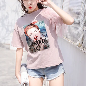 Letné Ružové Biele Bavlna Najvyššie Čipky Patchwork Krátky Rukáv T Shirt Ženy Lištovanie Kórejský Roztomilý Oblečenie Žien Bežné Tee Tričko Femme