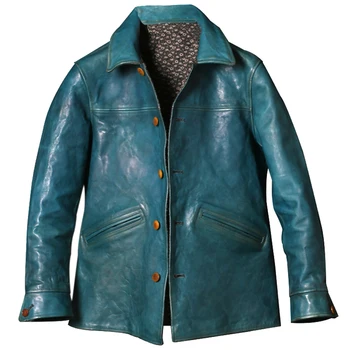 Vintage Brzdára Mužov Horsehide Bunda Dlho, Japončina Kórejčina Módne Originálne Kožené Mužov Coats Blazer Blue Zákopy Srsti Zime